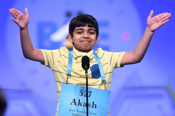 PHOTO: Akash Vukoti, 10, of San Angelo, Texas, blows a kiss after correctly spelling his word as he competes in the third round of the Scripps National Spelling Bee in Oxon Hill, Md., Wednesday, May 29, 2019. (AP Photo/Susan Walsh) (Susan Walsh/AP, FILE)