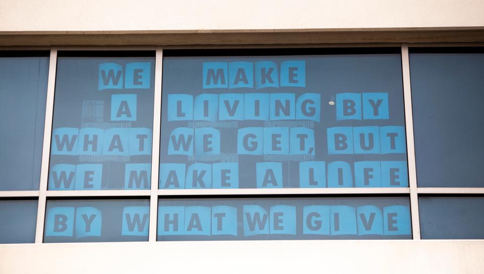 A window above a COVID rehabilitation unit has messages of encouragement and hope at Mary Free Bed Rehabilitation Hospital in Grand Rapids.