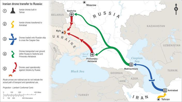 A graphic produced by the White House illustrates the route taken by Iranian-made drones as they are shipped across the Caspian Sea from Amirabad, Iran, to Makhachkala, Russia.  They are then used operationally to attack Ukraine from Russian military bases.  (White House)