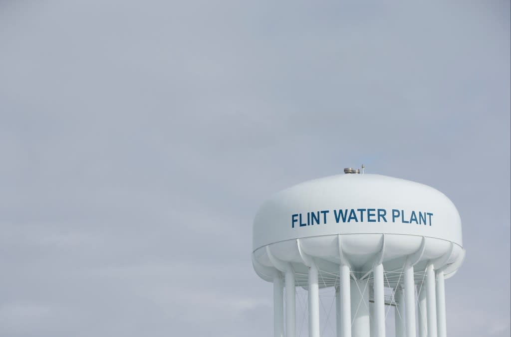 The Flint Water Plant tower is seen, Friday, Feb. 26, 2016 in Flint, Mich. (AP Photo/Paul Sancya, File)