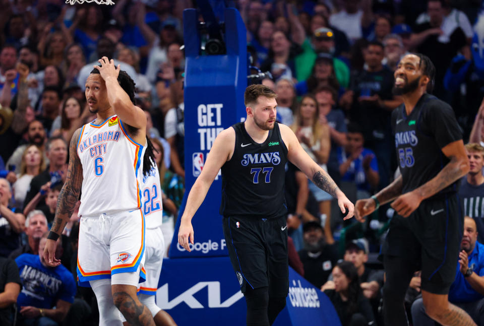 May 18, 2024; Dallas, Texas, USA;  Dallas Mavericks guard Luka Doncic (77) reacts in front of Oklahoma City Thunder forward Jaylin Williams (6) after scoring during the second quarter in game six of the second round of the 2024 NBA playoffs at American Airlines Center. Mandatory Credit: Kevin Jairaj-USA TODAY Sports