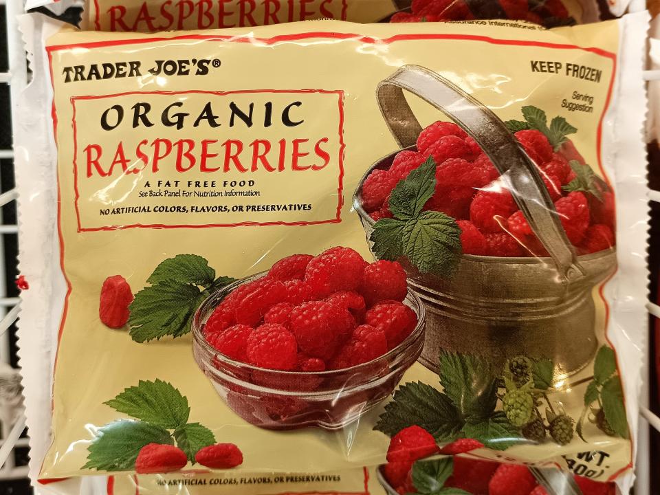 white and yellow bag of frozen raspberries at Trader Joe's