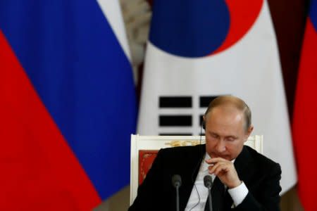 Russian President Vladimir Putin attends a joint news conference with South Korean President Moon Jae-in following the talks at the Kremlin in Moscow, Russia June 22, 2018. REUTERS/Sergei Karpukhin