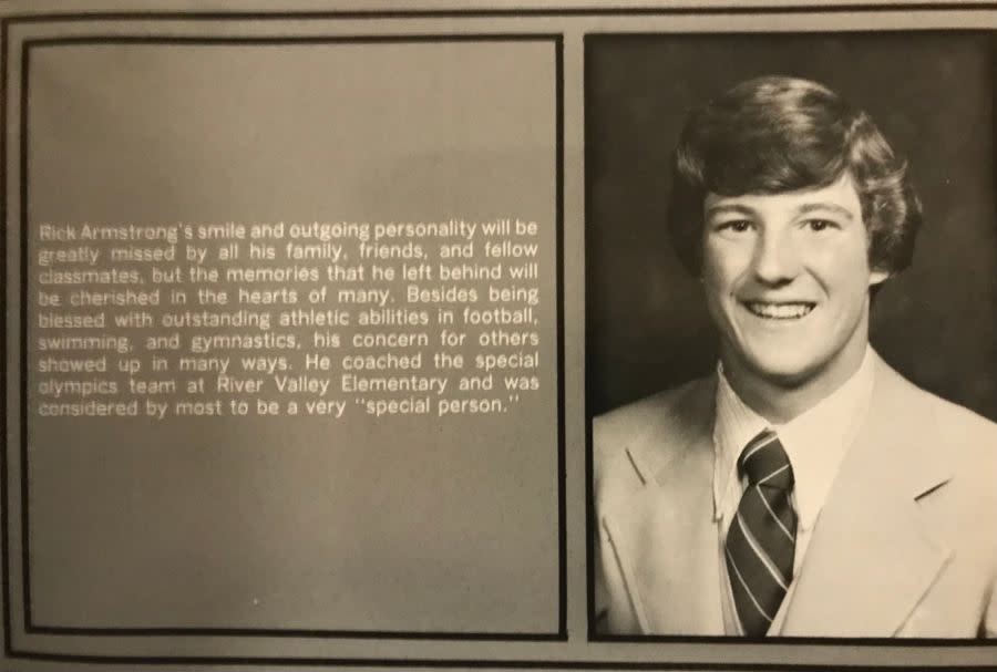 A memorial to Rick Armstrong from a Rockford High School yearbook.