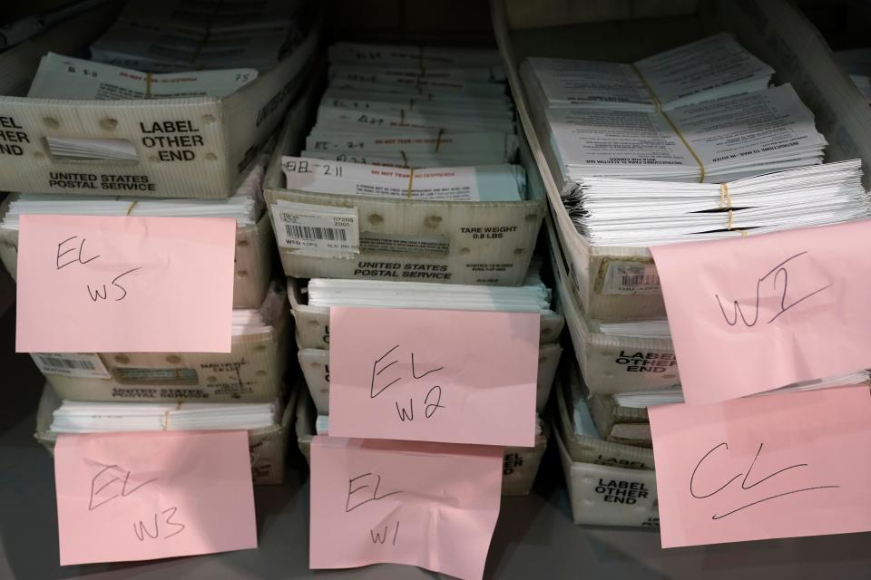 Mail-in ballots await counting in Linden, N.J., on Oct. 29, 2020.