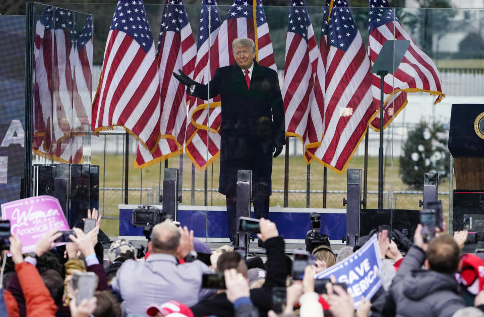 FILE - President Donald Trump arrives to speak during a rally protesting the electoral college certification of Joe Biden as President in Washington, Jan. 6, 2021. Members of the House committee investigating the events of Jan. 6 will hold their first prime time hearing Thursday, Jan. 9, to share what they have uncovered about former President Trump’s efforts to overturn the results of the 2020 election, culminating in the deadly storming of the Capitol building. (AP Photo/Jacquelyn Martin, File)