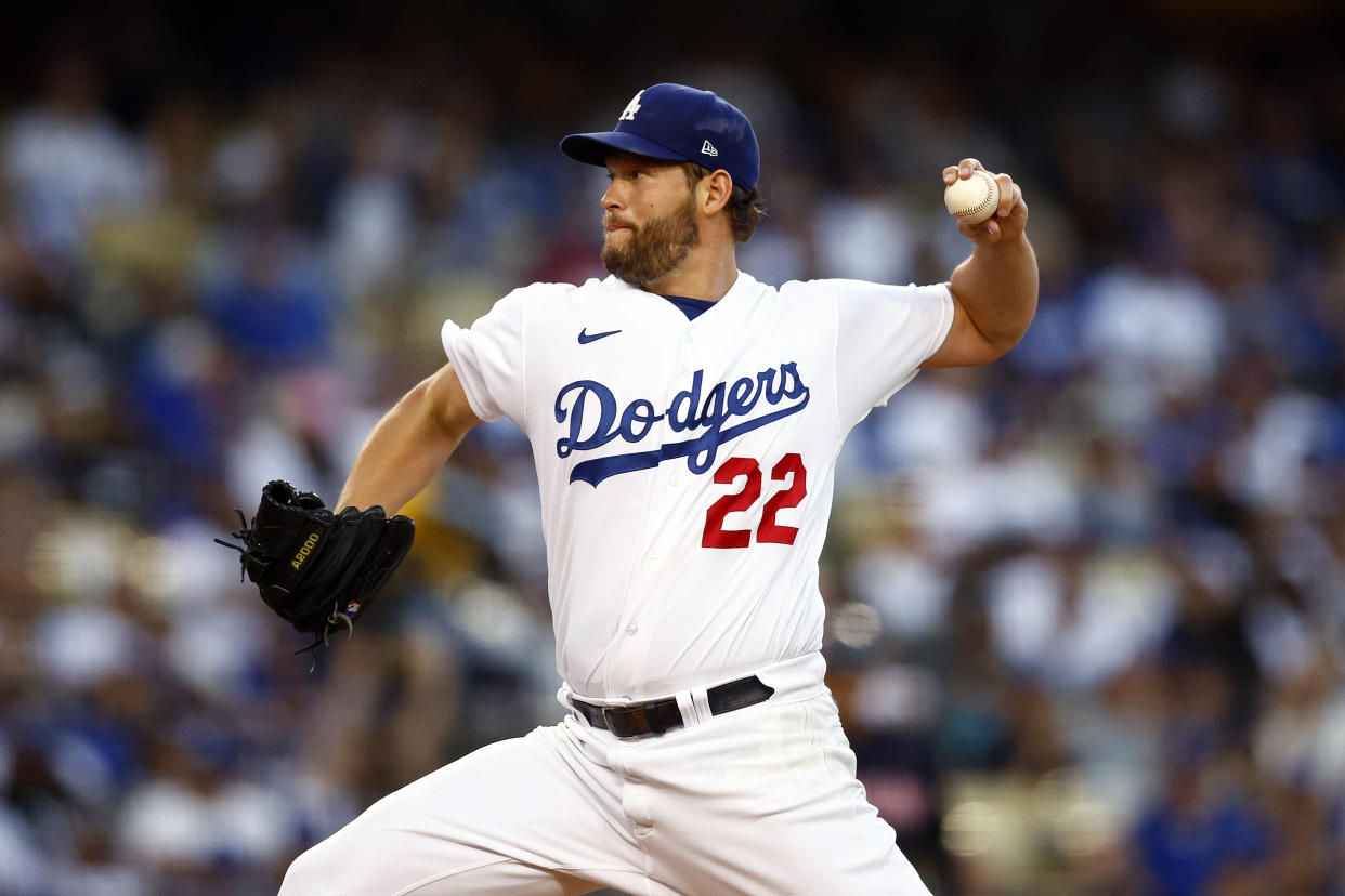 LOS ANGELES, CALIFORNIA - JUNE 17:  Clayton Kershaw #22 of the Los Angeles Dodgers throws against the Cleveland Guardians in the second inning at Dodger Stadium on June 17, 2022 in Los Angeles, California. (Photo by Ronald Martinez/Getty Images)