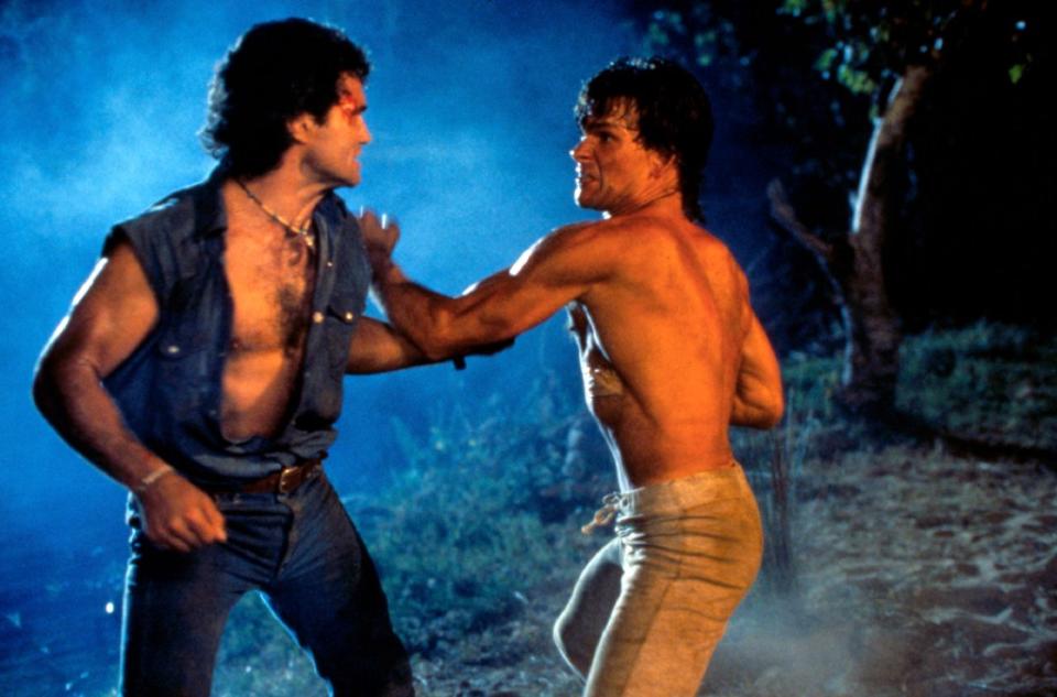 The 2024 film “Road House” is a remake of the 1989 hit starring Marshall R. Teague (left) and Patrick Swayze (right). ©United Artists/Courtesy Everett Collection