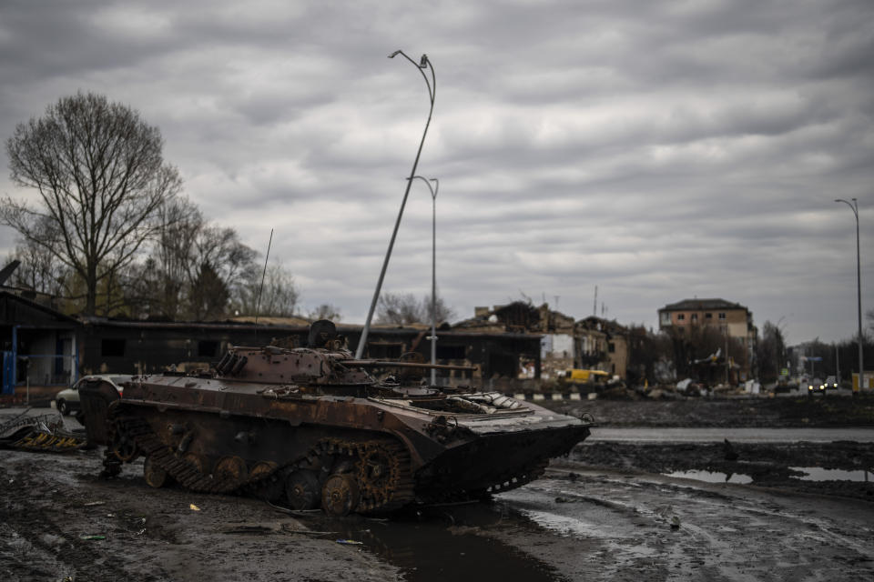 A destroyed tank is seen at the the town of Borodyanka, Ukraine, on Saturday, April 9, 2022. Russian troops occupied the town of Borodyanka for weeks. Several apartment buildings were destroyed during fighting between the Russian troops and the Ukrainian forces in the town around 40 miles northwest of Kiev. (AP Photo/Petros Giannakouris)