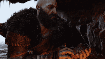 Kratos from God of War nodding slightly and looking determined