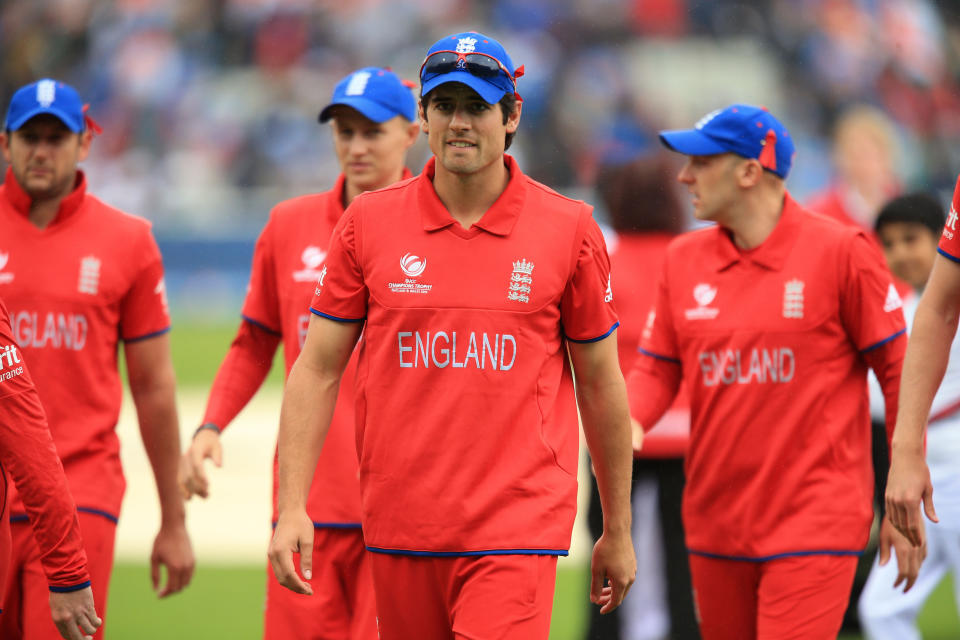 England captain Alastair Cook leads his players off as the rain falls during the ICC Champions Trophy Final at Edgbaston, Birmingham.