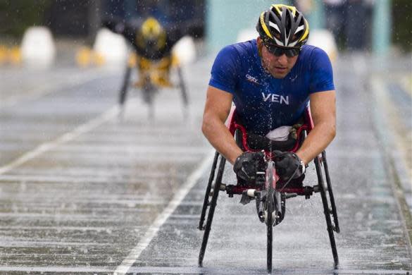 Juan Valladares, 31, a member of Venezuela's Paralympics team, participates in a competition in Barquisimeto April 26, 2012. Valladares is ranked first in the world in his category of the 400 meter race, and third in his category of 800 meters, according to the International Paralympic Committee.