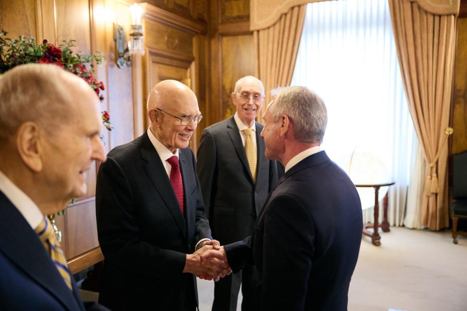 President Dallin H. Oaks and President Henry B. Eyring meet President Csaba Korosi, president of the U.N. General Assembly.