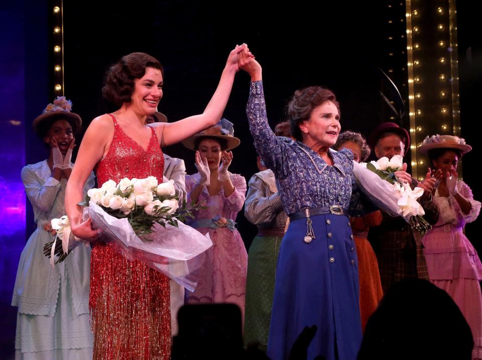 ea Michele as &quot;Fanny Brice&quot; and Tovah Feldshuh as &quot;Mrs. Brice&quot; take their first curtain call in &quot;Funny Girl&quot; on Broadway at The August Wilson Theatre on September 6, 2022 in New York City.