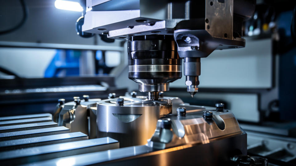 A close-up of a heavy-duty machining tool forming a steel component.