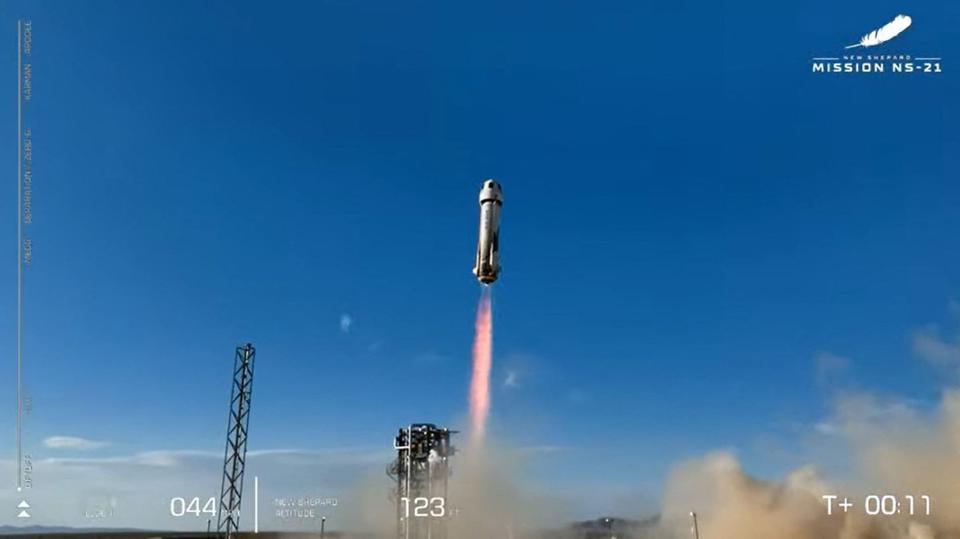 In this still image taken from a Blue Origin broadcast, a Blue Origin New Shepard rocket launches from Launch Site One in West Texas on June 4. The NS-21 mission was Blue Origin's fifth crewed flight.