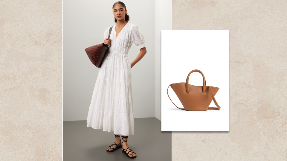 Rent the Runway Vacation Outfit - Joe's Jean White Midi Dress and Little Liffner Tan Leather Bag