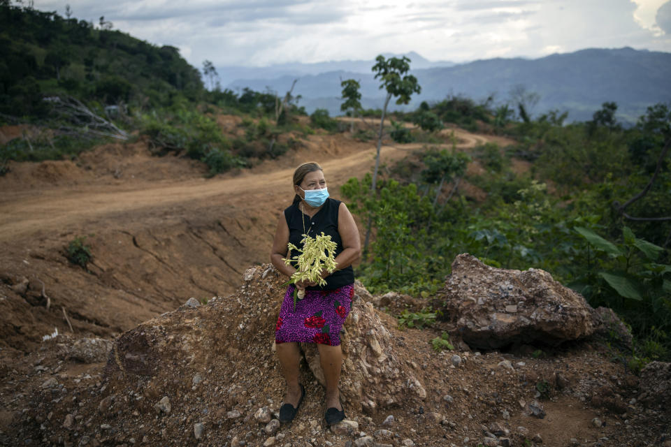 Dilma Murillo, 63, sits on a rock holding an Izote flower at the site of her home destroyed by a landslide triggered by hurricanes Eta and Iota in the village of La Reina, Honduras, Tuesday, June 22, 2021. On the night of Nov. 24, 2020, the town was wiped from the face of the earth. (AP Photo/Rodrigo Abd)