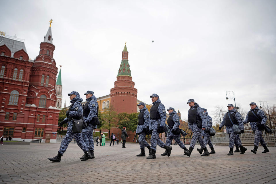 Members of the Russian National Guard  secure the area around the Kremlin in Moscow on Oct. 20, 2022.  (Natalia Kolesnikova / AFP - Getty Images)