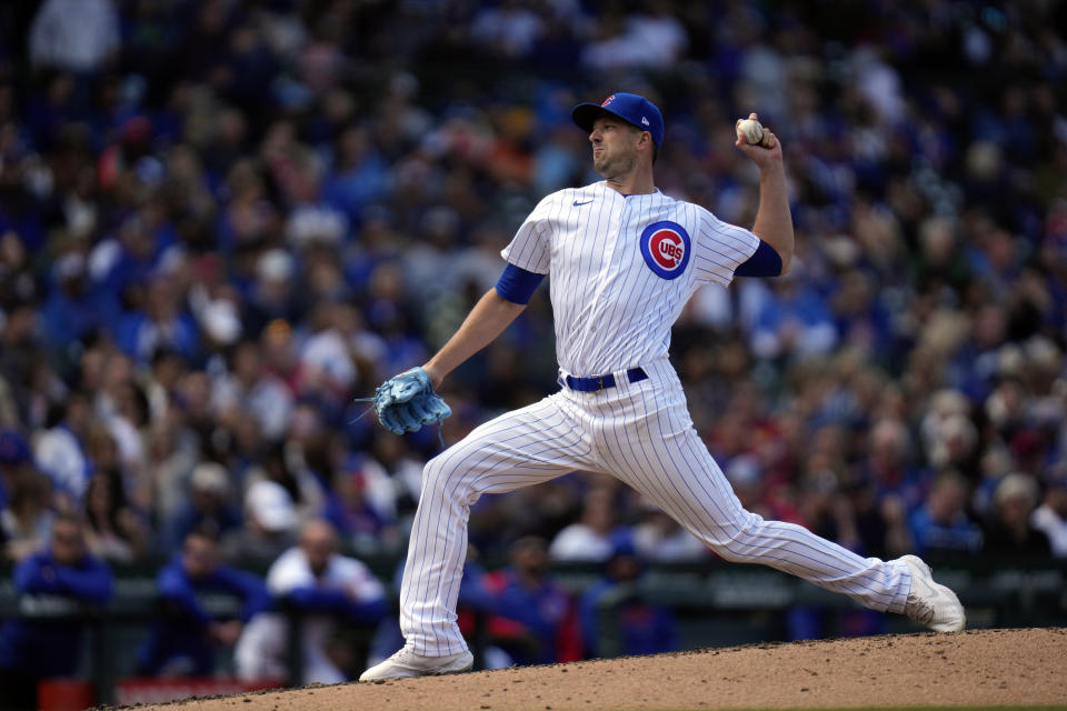 Chicago Cubs starting pitcher Drew Smyly throws during the fifth inning of a baseball game against the Los Angeles Dodgers Friday, April 21, 2023, in Chicago. (AP Photo/Erin Hooley)