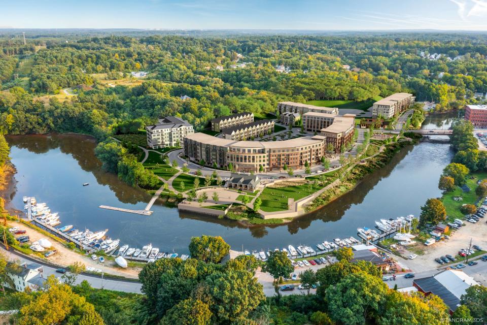 A rendering of the reimagined Dover waterfront, which will contain a city-financed public park and a major residential and commercial development from Boston-based developer Cathartes.