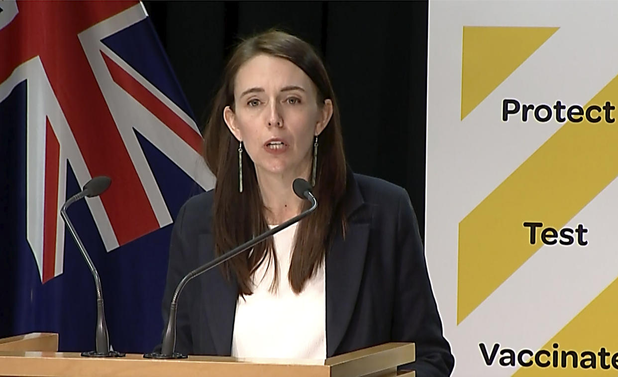 In this image made from video, New Zealand Prime Minister Jacinda Ardern speaks about a stabbing attack during a press conference, Friday, Sept. 3, 2021, in Wellington, New Zealand. New Zealand authorities say they shot and killed a violent extremist after he entered a supermarket and stabbed and injured six shoppers. Ardern described Friday's incident as a terror attack. (TVNZ via AP)