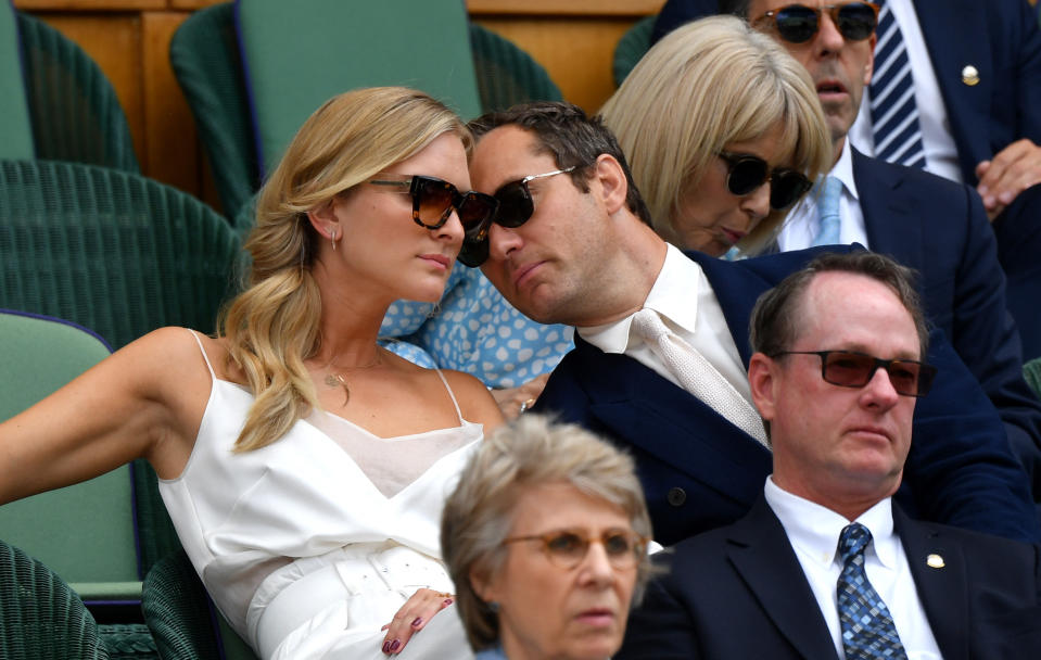 LONDON, ENGLAND - JULY 12: Actor Jude Law and his wife Phillipa Coan attend the Royal Box during Day eleven of The Championships - Wimbledon 2019 at All England Lawn Tennis and Croquet Club on July 12, 2019 in London, England. (Photo by Mike Hewitt/Getty Images)