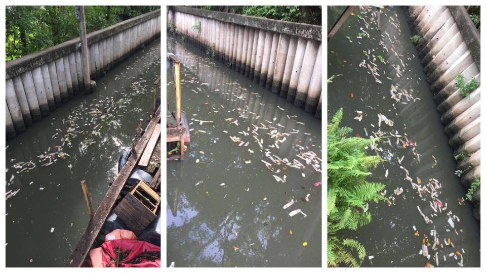 泰國曼谷一處運河水面上，竟飄著數百個用過的保險套。(圖／翻攝自臉書)