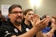 Boeing worker Jerry Guerena of Charleston shows support during a rally held by the International Association of Machinists and Aerospace Workers for Boeing South Carolina workers before Wednesday's vote to organize, in North Charleston, South Carolina, U.S. February 13, 2017. REUTERS/Randall Hill