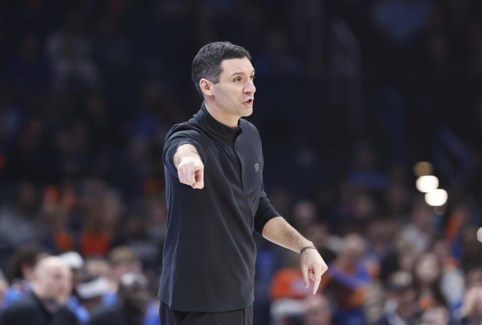 Feb 2, 2024; Oklahoma City, Oklahoma, USA; Oklahoma City Thunder head coach Mark Daigneault gestures to his team on a play against the Charlotte Hornets during the second quarter at Paycom Center. Mandatory Credit: Alonzo Adams-USA TODAY Sports
