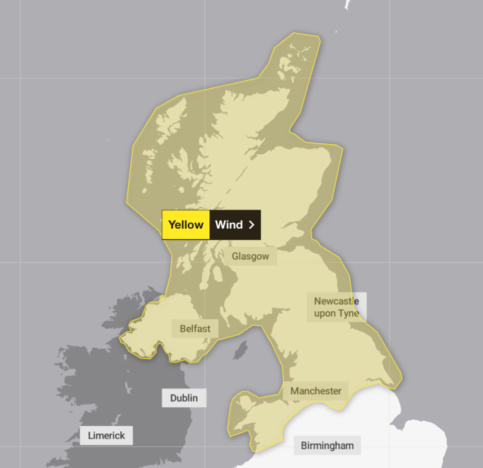 A final warning for wind will remain in force from 4pm on Tuesday until midday on Wednesday (Met Office)