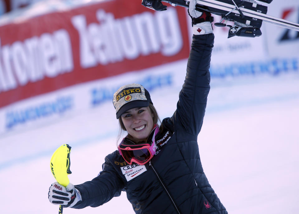 Canada's Marie-Michele Gagnon celebrates after winning a women's alpine ski World Cup super-combined event, in Altenmarkt-Zauchensee, Austria, Sunday, Jan. 12 , 2013. (AP Photo/Marco Trovati)