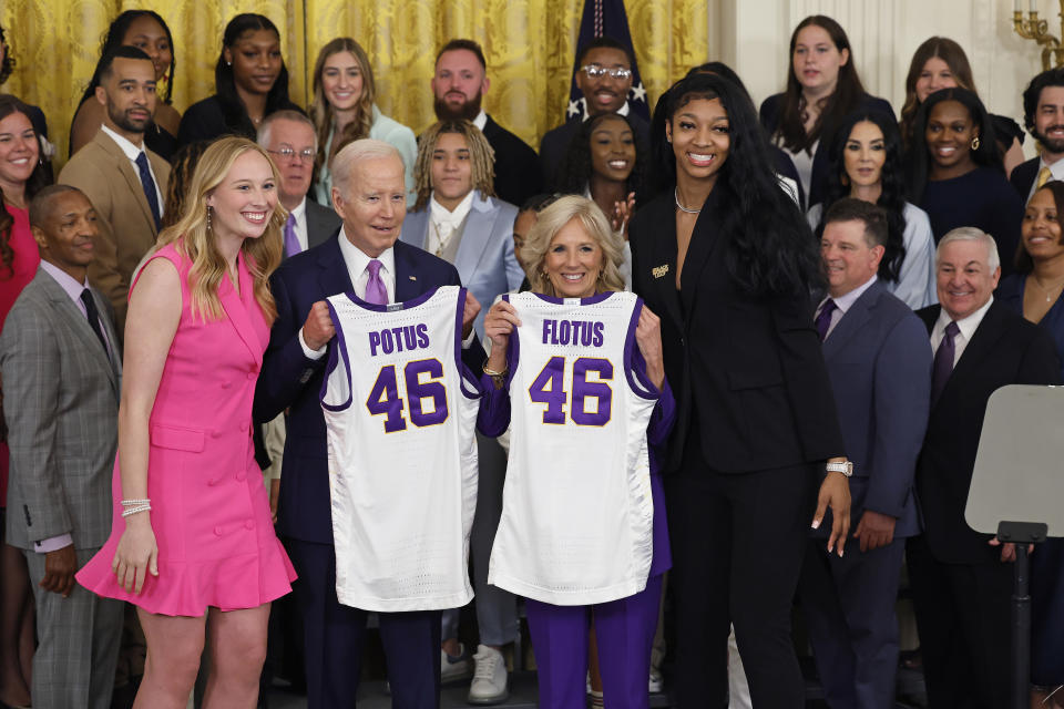 The LSU women&#39;s basketball team celebrated with President Joe Biden at the White House