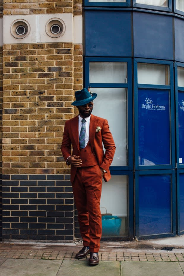 <p>On the street at London Fashion Week Men's Fall 2020. </p>