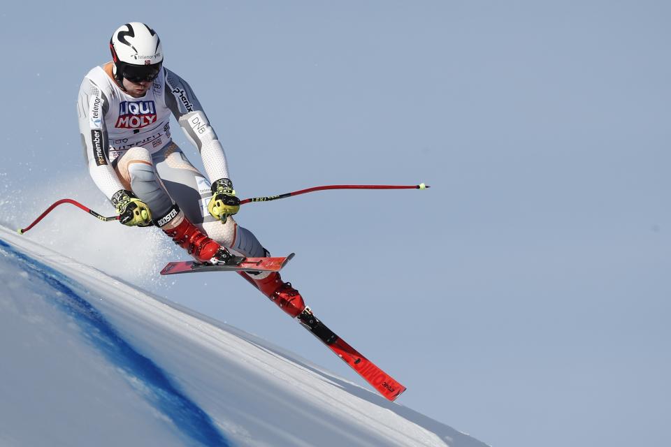 Norway's Aleksander Aamodt Kilde speeds down the course during training for an alpine ski, men's World Cup downhill in Kvitfjell, Norway, Friday, March 6, 2020. (AP Photo/Gabriele Facciotti)