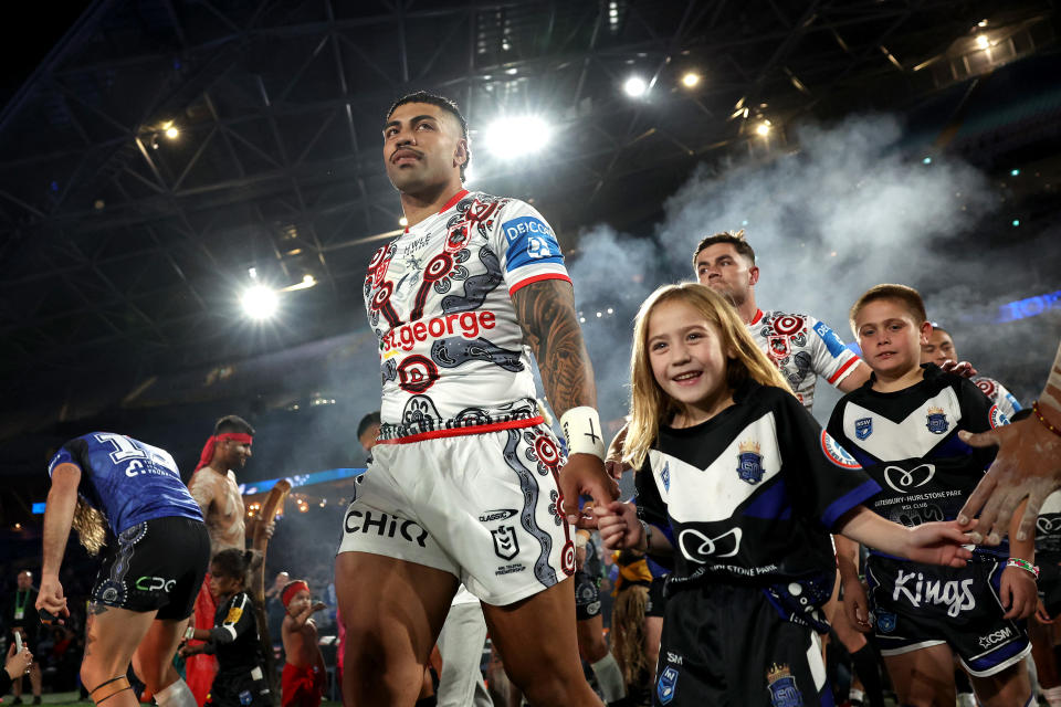 SYDNEY, AUSTRALIA - MAY 23:  Hame Sele of the Dragons walks onto the field during the round 12 NRL match between Canterbury Bulldogs and St George Illawarra Dragons at Accor Stadium on May 23, 2024, in Sydney, Australia. (Photo by Cameron Spencer/Getty Images)