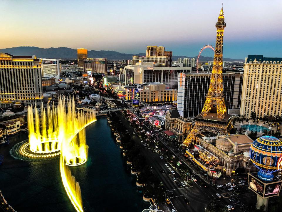 A view at dusk of the Las Vegas Strip all lit up.