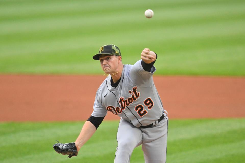 Detroit Tigers starting pitcher Tarik Skubal (29) delivers a pitch in the first inning against the Cleveland Guardians at Progressive Field.