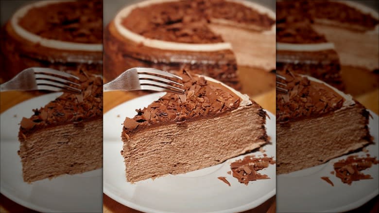 chocolate crepe cake on plate
