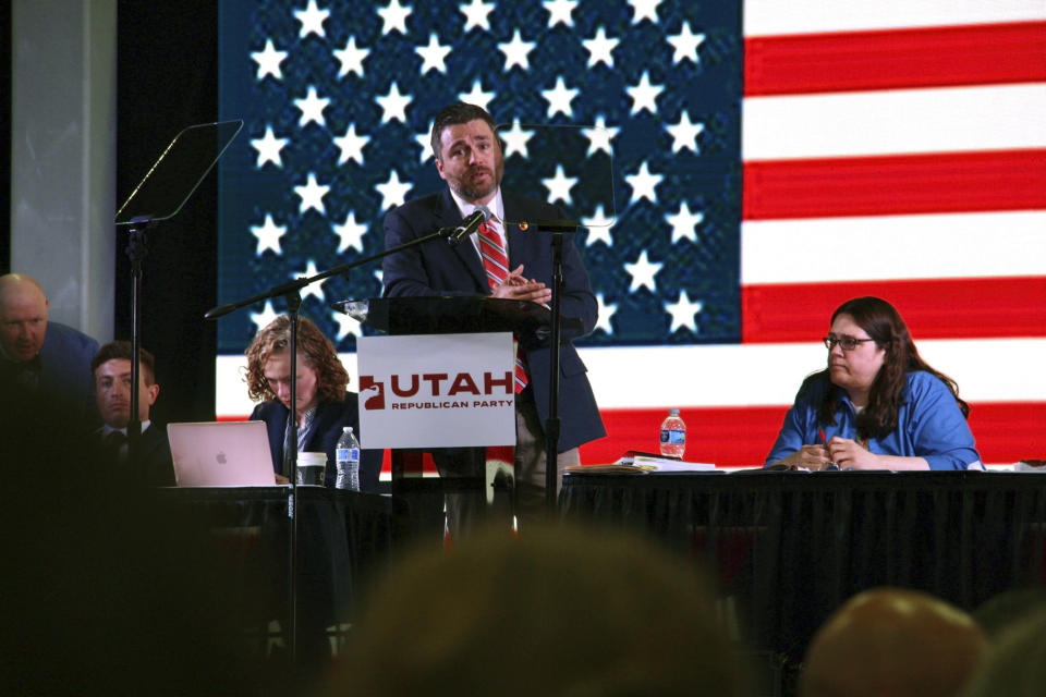 Robert Axson, chairman of the Utah Republican Party, addresses nearly 4,000 delegates at the opening session of the party's annual convention, Saturday, April 27, 2024, at the Salt Palace Convention Center in Salt Lake City. (AP Photo/Hannah Schoenbaum)