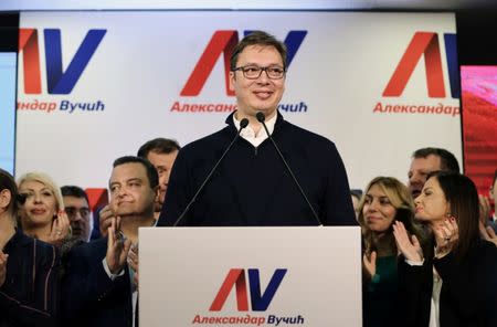 Serbian Prime Minister and presidential candidate Aleksandar Vucic speaks after his win in presidential election at his headquarters in Belgrade, Serbia, April 2, 2017. REUTERS/Antonio Bronic