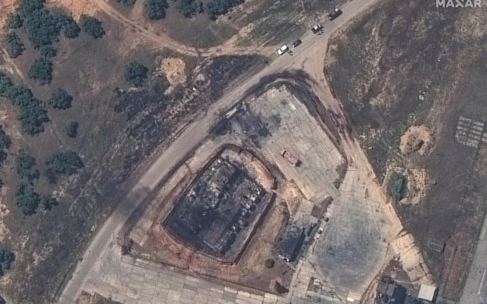 A satellite image of a destroyed fuel storage facility following an attack at Belbek Airbase, amid Russia's attack on Ukraine, in Crimea May 16, 2024.