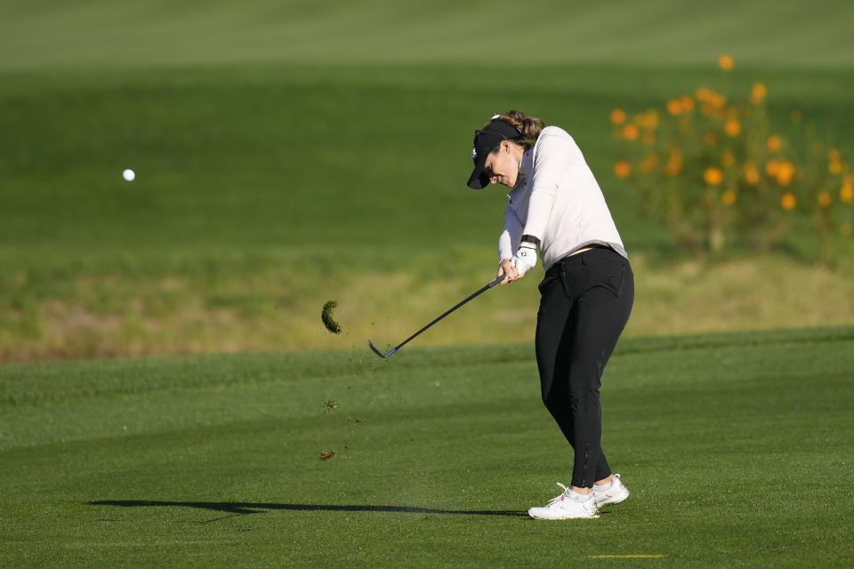 Gaby Lopez of Mexico hits a ball on the first hole during the final round of the BMW Ladies Championship at the Seowon Hills Country Club in Paju, South Korea, Sunday, Oct. 22, 2023. (AP Photo/Lee Jin-man)