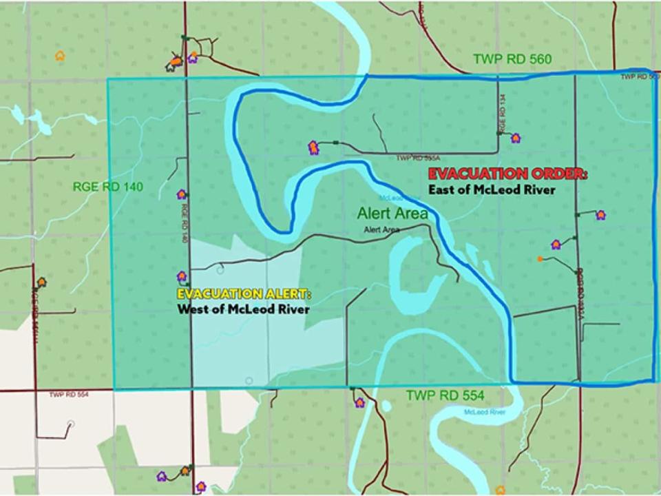 The evacuation order is for residents south of Township Road 560 on the East Bank Road and west to the McLeod River. (Alberta Emergency Alert - image credit)