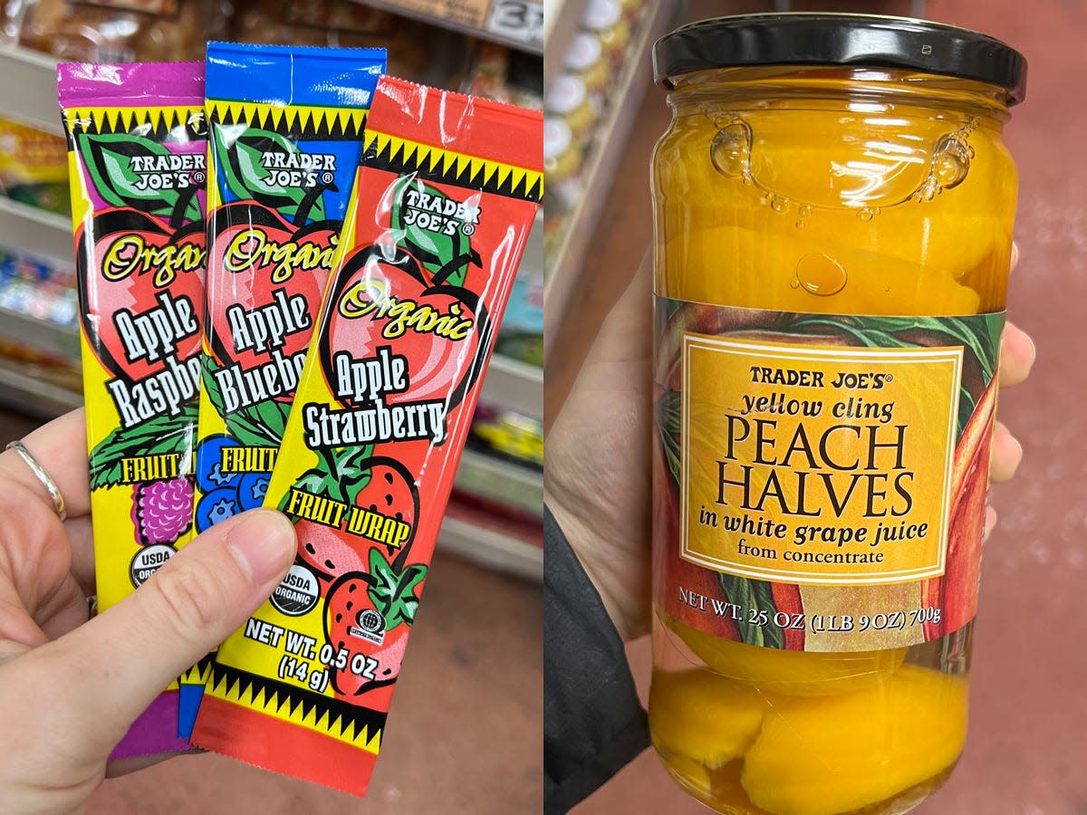 The writer holds fruit strips in purple, blue, red, and yellow packaging; The writer holds a jar of sliced peach halves