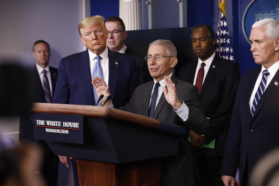 Director of the National Institute of Allergy and Infectious Diseases Dr. Anthony Fauci speaks during a coronavirus task force briefing at the White House, Saturday, March 21, 2020, in Washington. (AP Photo/Patrick Semansky)