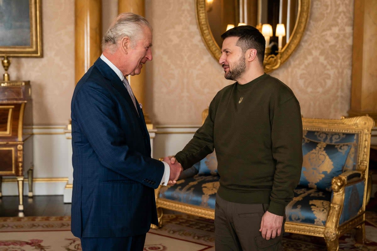 8 February 2023: King Charles III shakes hands with Ukraine’s President Volodymyr Zelensky as he welcomes at Buckingham Palace, in London, ahead of an audience during his first visit to the UK since the Russian invasion of Ukraine. (POOL/AFP/Getty)