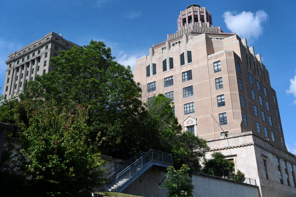 Asheville City Hall, right, and the Buncombe County Courthouse, May 28, 2024.