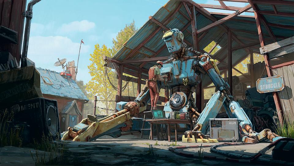 Artist insight, The Gnomon Workshop; a large robot sits in a farmyard