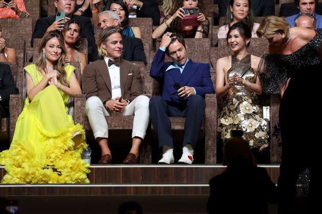 From left, Olivia Wilde, Chris Pine, Harry Styles, Gemma Chan and Florence Pugh at the 2022 Venice Film Festival premiere of 